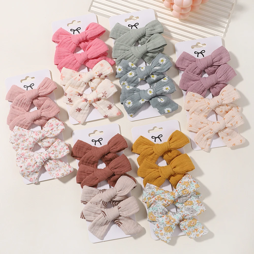 4Pcs/Set Girl Bows Hair Clip Hairpins Headwear Soft Cotton Linen Hairclip for Kids Barrette Print Delicate Baby Hair Accessories