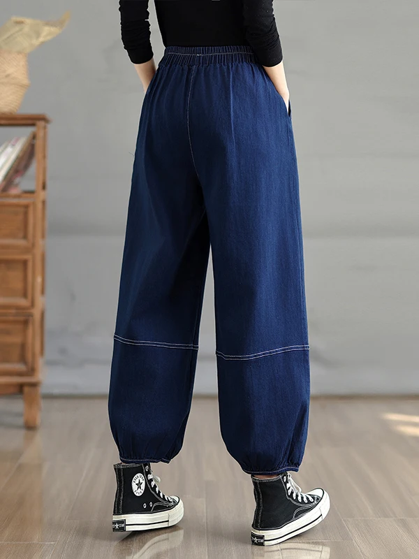 

Эластичные женские джинсы с высокой талией, брюки-фонарики, хлопковые эластичные джинсовые брюки с художественной талией, синие эластичные брюки Харлан