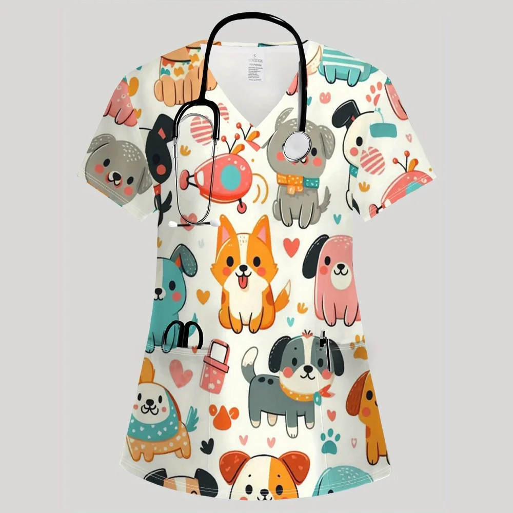 Clinical Uniform Woman Fashion V-Neck Vibrant Pockets T-Shirt Cute Cartoon Print Tops Summer Comfortable Vet Nurse Uniform Woman