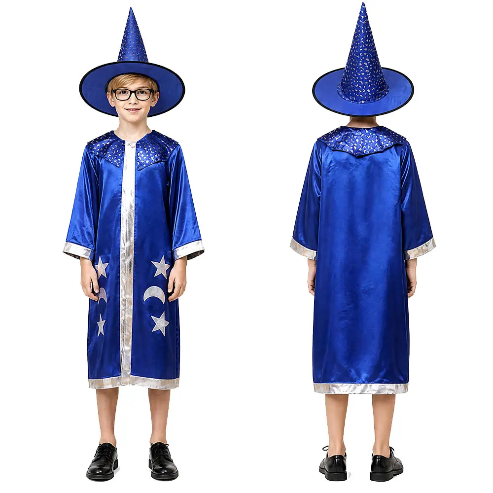 Halloween Blue Cloak for Boy and Girl Witch Cosplay Witch Cape Height 100-150CM Costume Satin Cloak with Star Moon Pattern