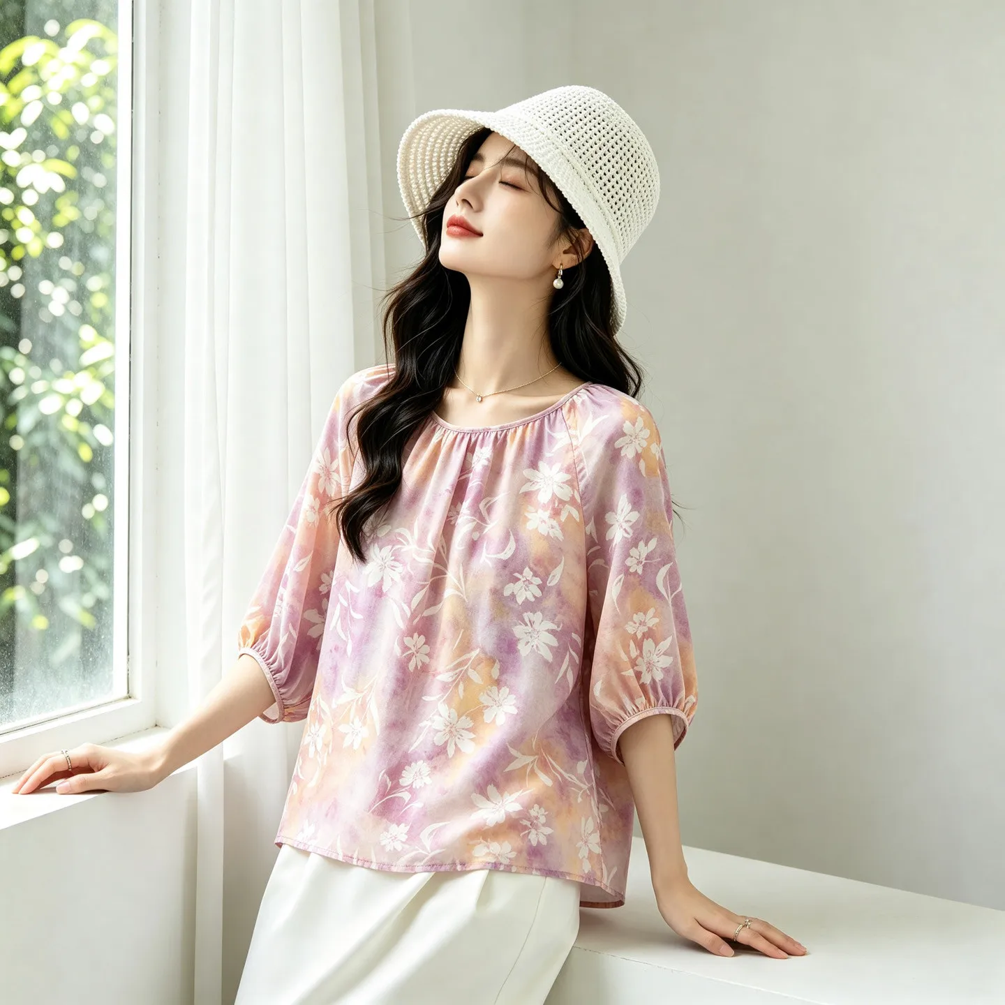 Winsleter-100%Real Silk Double Crepe Elegant T-Shirt, Lantern Sleeve Print, Women French Commute Loose Top, 2026 Autumn T68104CC