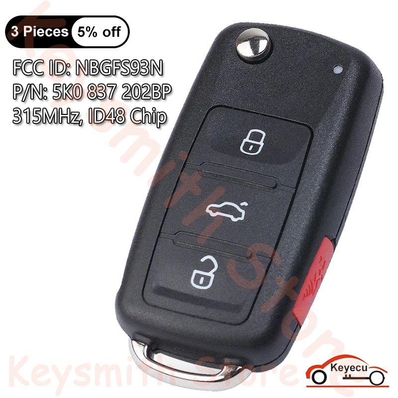 KEYECU 4 Buttons 315MHz 48 Chip for Volkswagen Jetta Passat 2017-2019 Auto Keyless Go Flip Remote Key Fob NBGFS93N 5K0837202BP