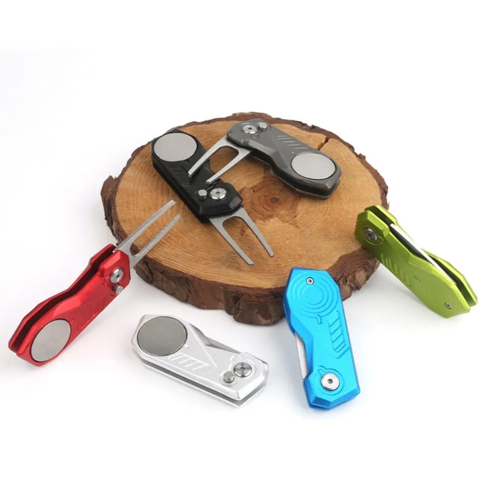 Switchblade Golf Divot Repair Tool Aluminum Alloy Ball Marker Golf Green Fork Foldable Button Mini Golf Divot Tools