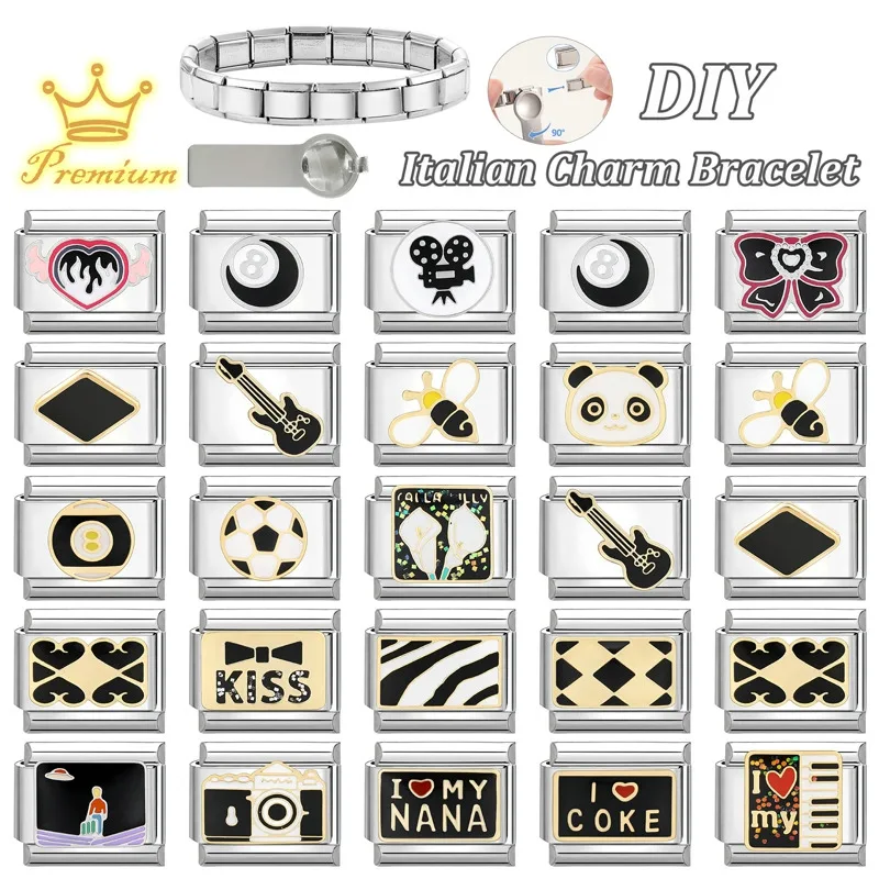 Y2k Charm Plaid Panda Camera Piano Guitar Italian Charm Links Fit 9mm Bracelet Stainless Steel DIY Jewelry Making Wholesale view 3