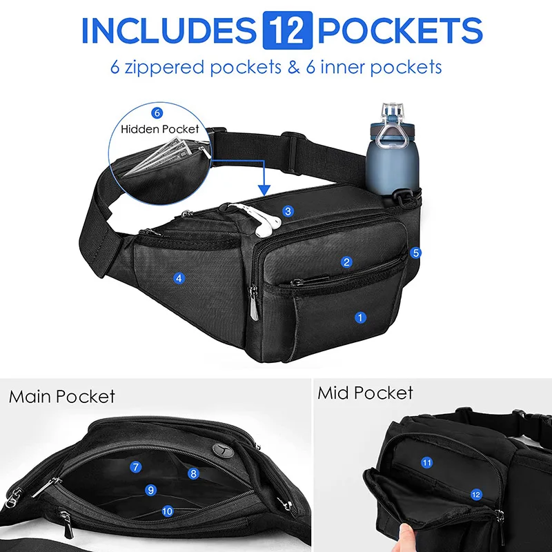 Large Fanny Pack with 12 Pockets for Men Women Hiking Waist Packs Hip Bug Bag Adjustable Belt Bag for Outdoors Workout Cycling