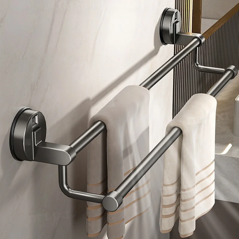 Suction‑Type No‑Drill Towel Rack, Bathroom Wall‑Mounted Dual‑Bar Storage Holder for Towels, Slippers and Bath Towels