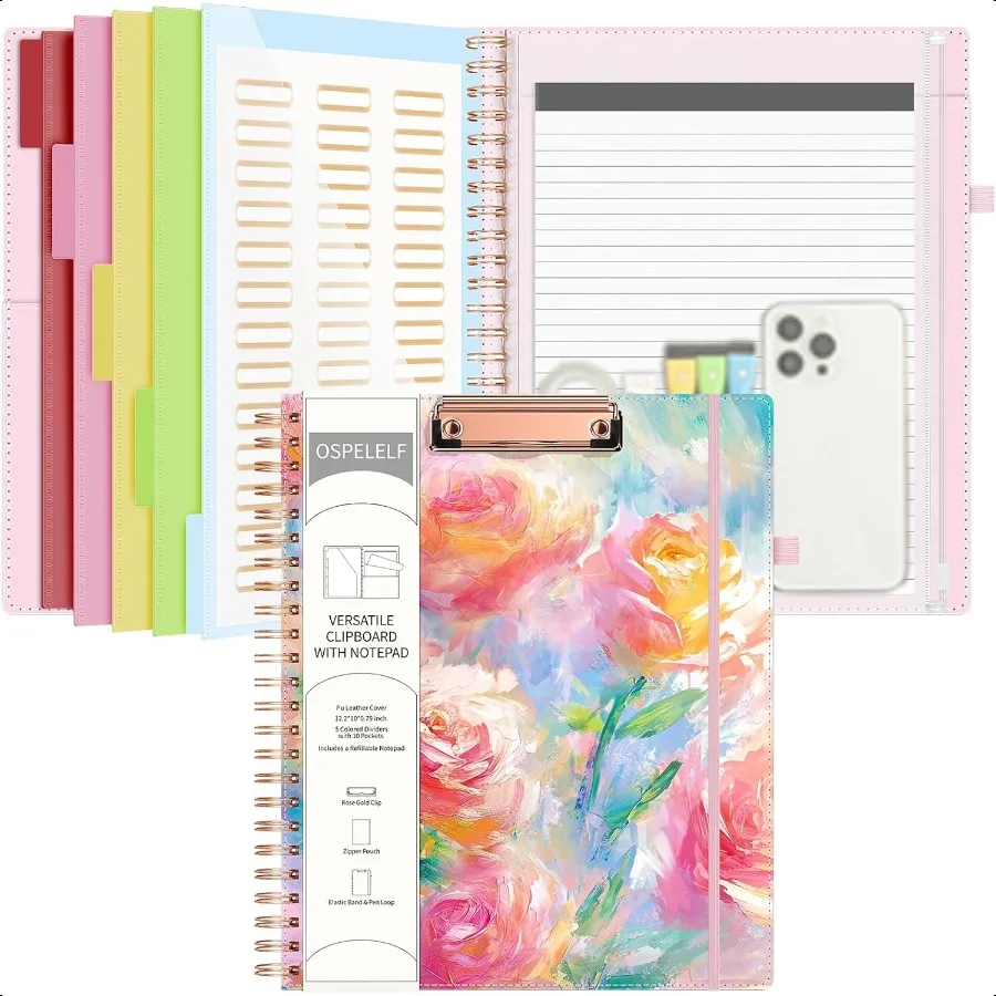 

Pink Foldable Spiral Clipboard Folio with with Storage Zipper Pouch 5 Plastic Folders with 10 Pockets Leather Clipboard Folder