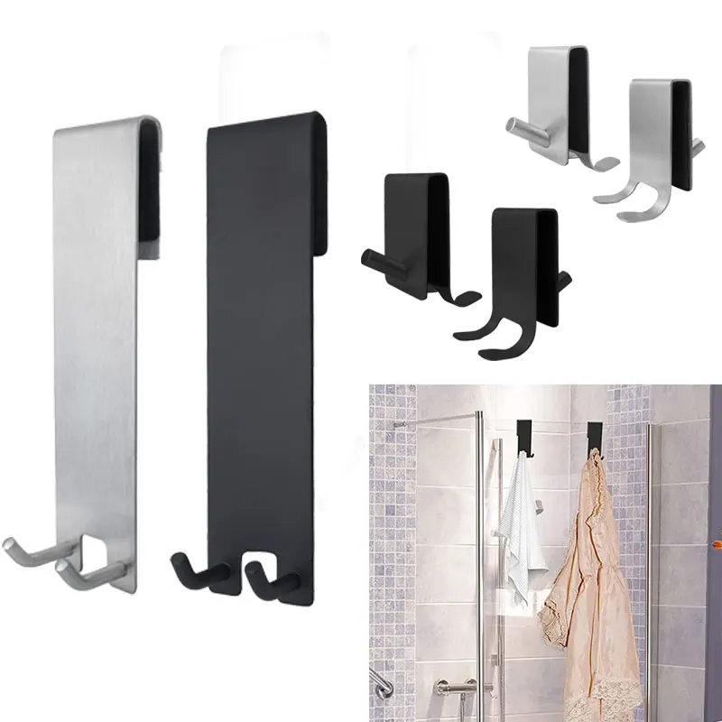 Single Double Side Bathroom Shower Door Hook Over Glass Door Shower Towel Rack Stainless Steel Drilling Free Towel Holder Hanger