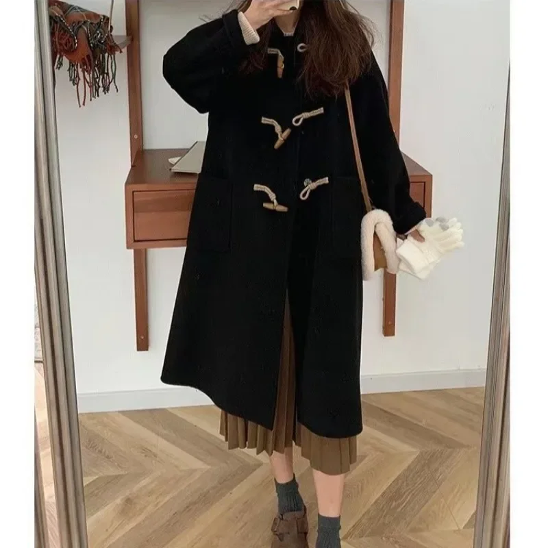 Women Chic Horn Button Long Blends Coats Solid Colors Warm Autumn Winter Coats Big Pockets Elegant Commute Outwears New Parkas