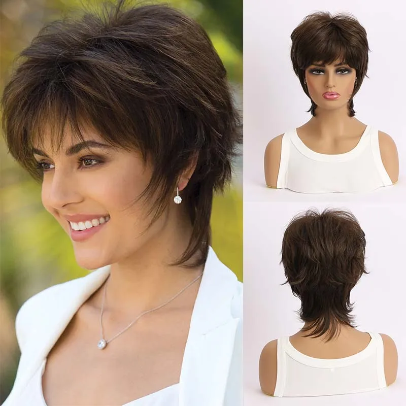 

Women's Short Synthetic Wigs Pixie Cut Brown Curly Hair Costume Party Wigs for Woman Fluffy Natural Wig