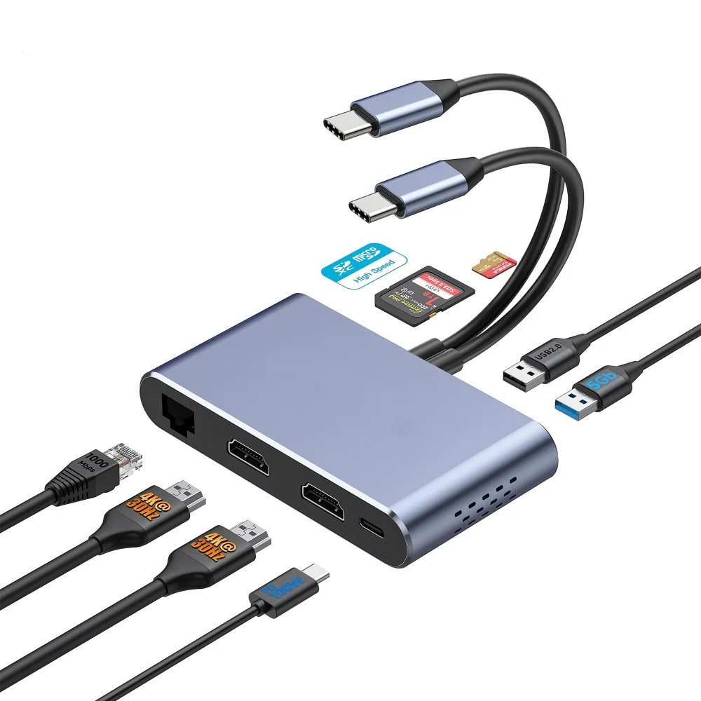 8-in-2 USB C HUB Type C إلى Dual HDMI 4K60 هرتز RJ45 TF/SD PD 100 واط USB 3.0 HUB محول لماك بوك اير ماك بوك برو #1