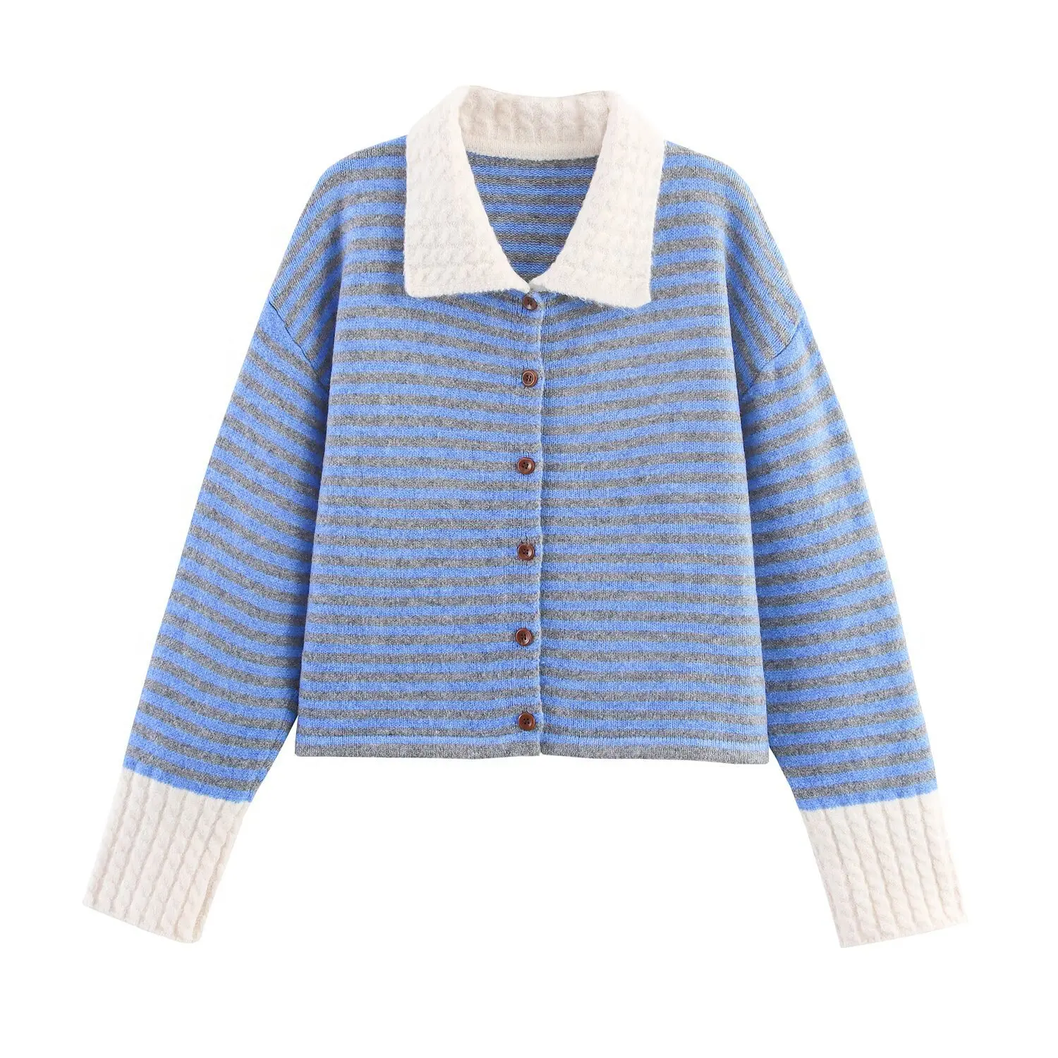 

Осенний новый стиль, вязаный свитер с длинными рукавами в европейскую и американскую полоску, пальто с воротником, лоскутный дизайн, женский топ