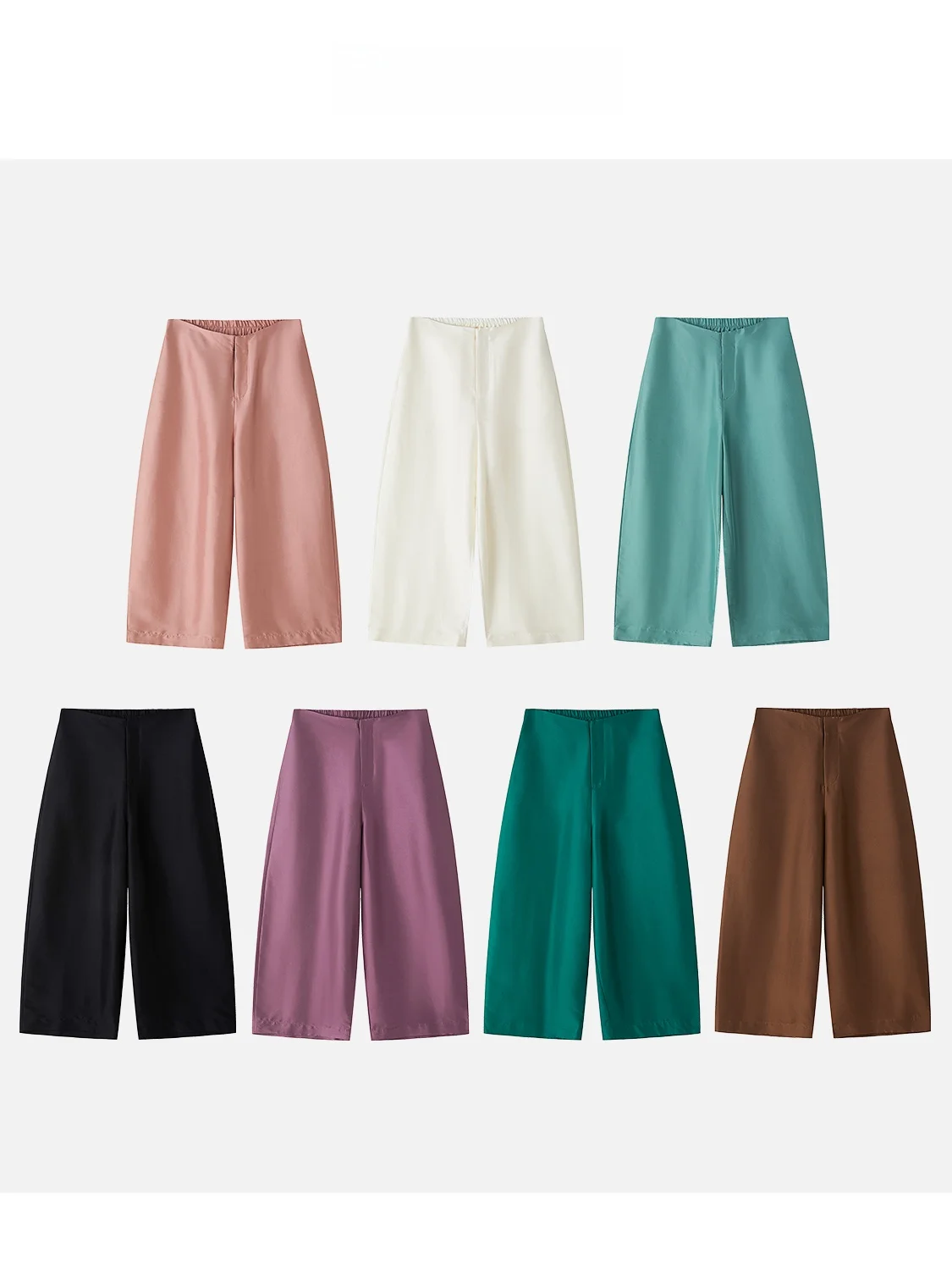 

JINGJING2025 Новые летние свободные брюки из шелкового атласа, дышащие, легкие, укороченные, с высокой талией, широкие штанины, для женщин