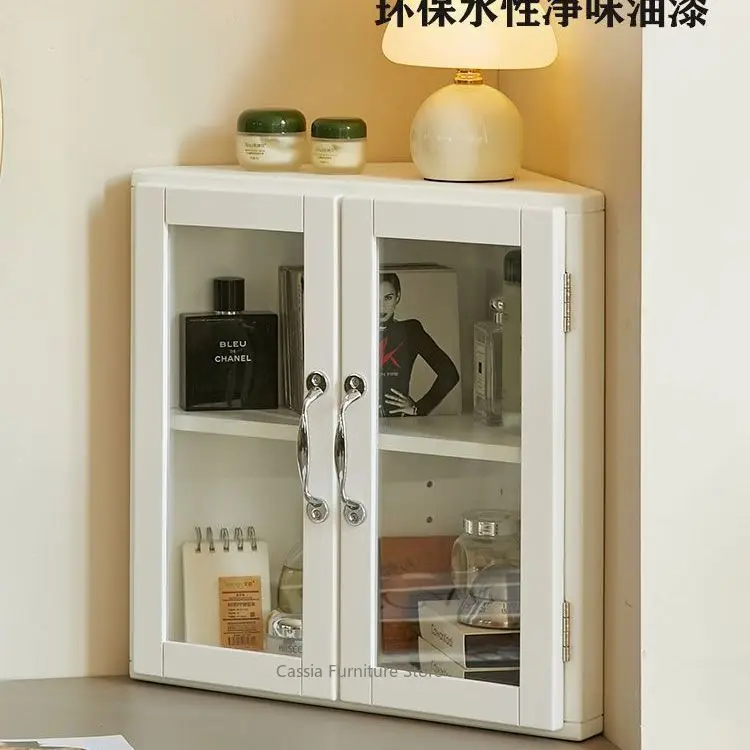Modern Rustic Solid Wood Corner Display Cabinet for Desk, Multi-Tier Glass Door Storage Organizer for Collectibles