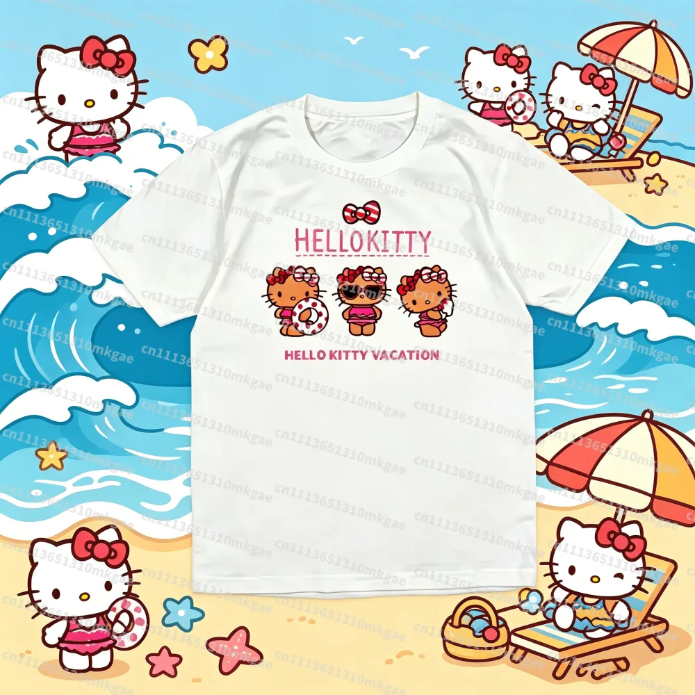 2026 Summer Comic Form Hello Kitty T shirt Image Cotton Printed Casual T-shirt Adult Children Parent-child Tops Casual Wear
