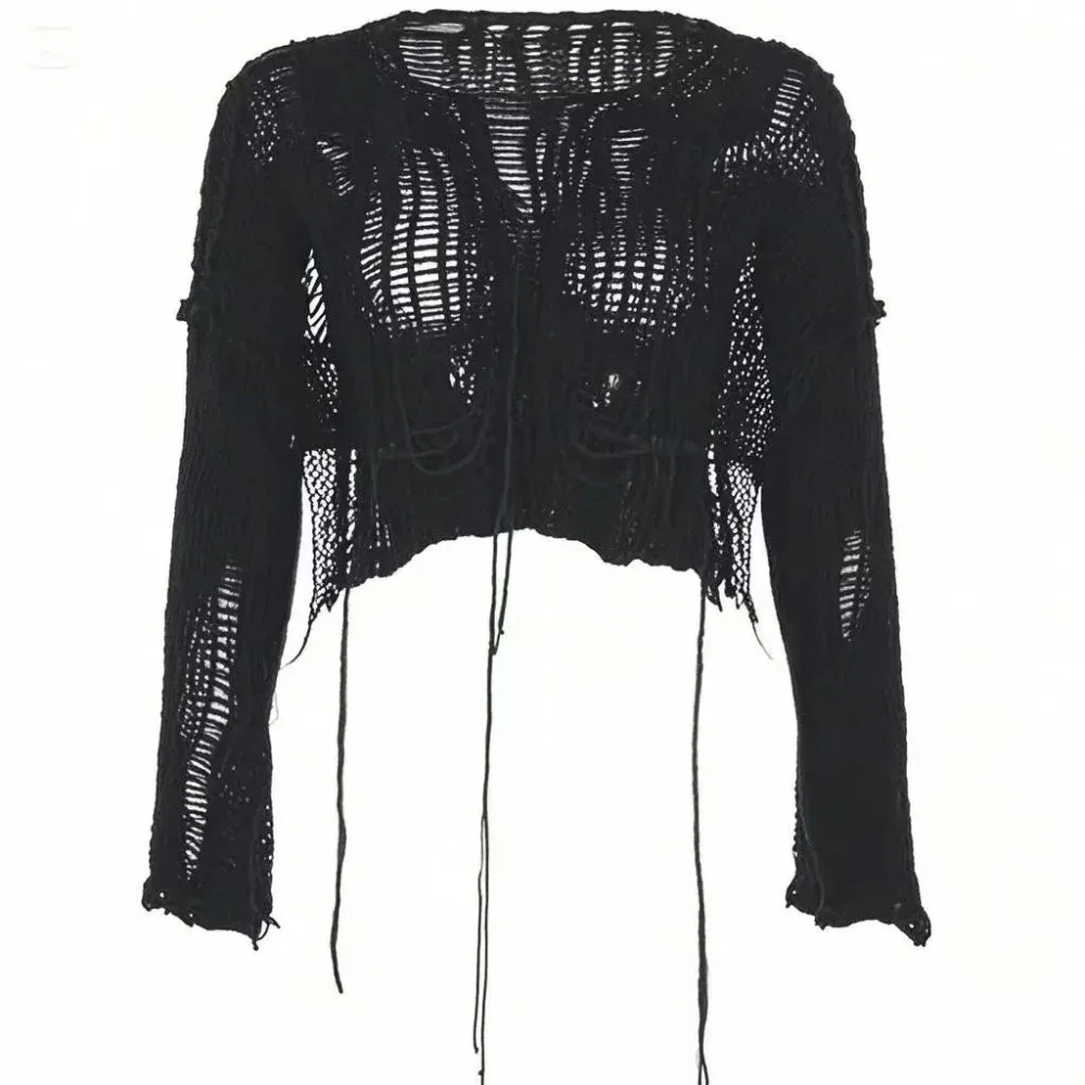 Y2k Cropped Hole Sweater  Gyaru Hollow Out Knit Pullovers Goth Korean Long Sleeve Jumper Summer Fashion Sheer Knitwears Tops