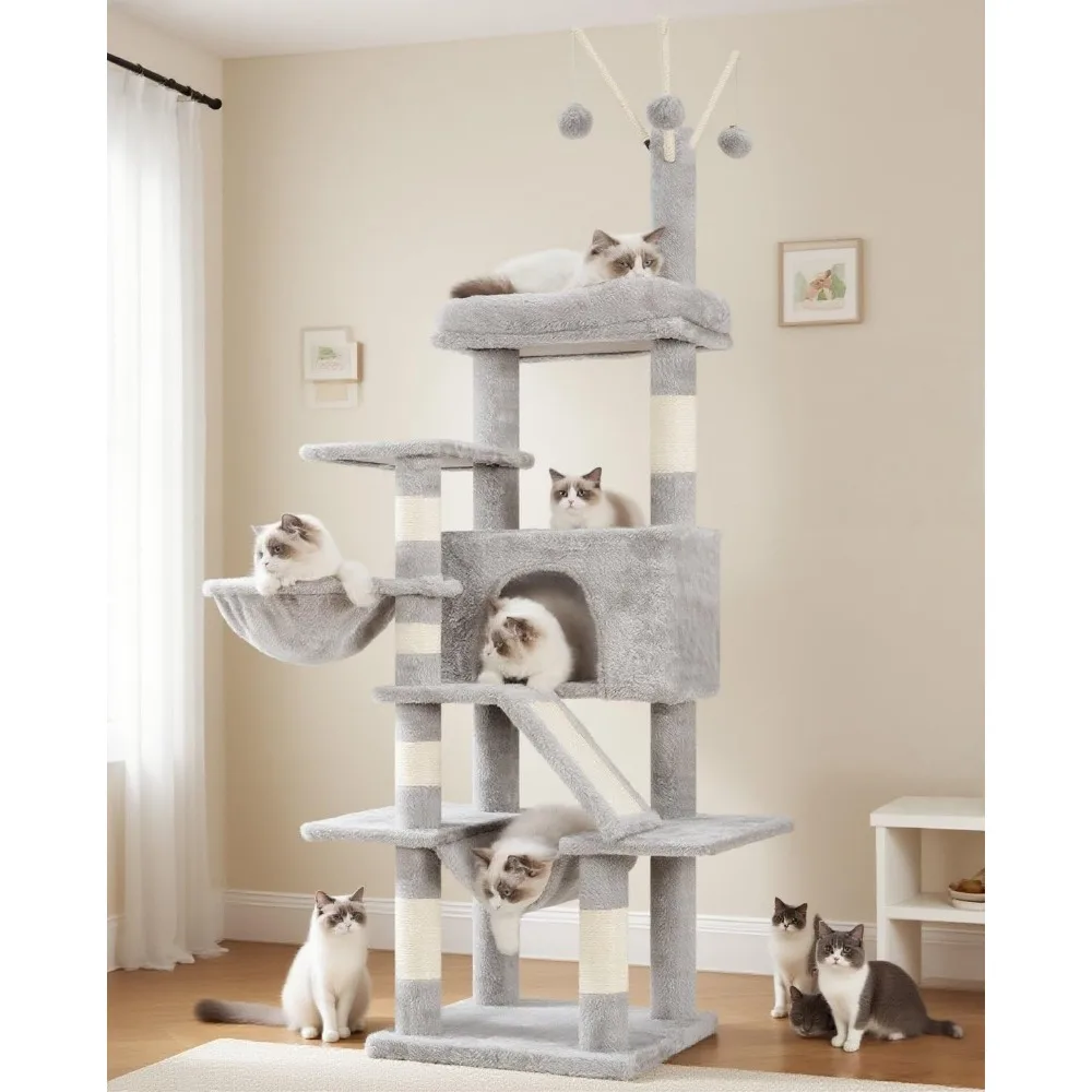 

Cat Tree, Multi-Level Cat Tower for Indoor Cats, with Scratching Post and Board, Hammock, Light Gray