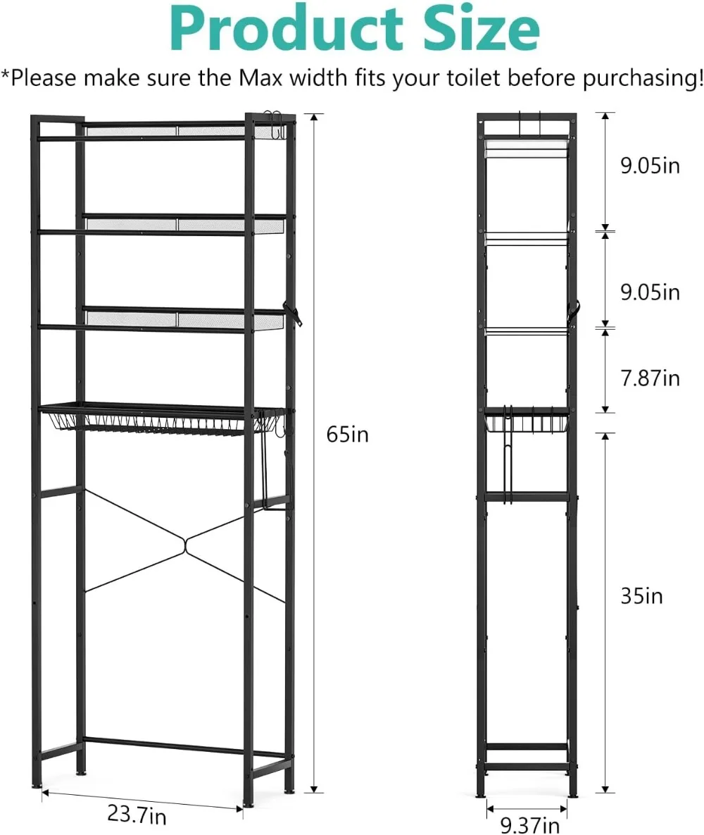 

4-уровневая полка над унитазом с крючками и держателем для рулонов, регулируемая стальная полка для экономии места в небольшой ванной комнате