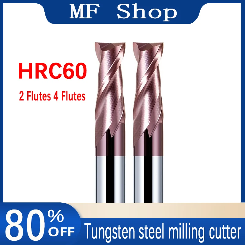 HRC60 milling cutter carbide 2 Flutes 4 Flutes 1,2,3,4,5,6,7,8,9,10,11,12,14,16,18,20mm Handle Milling Metal Cutter CNC CUTTER