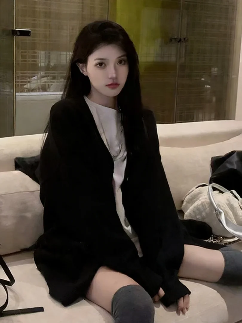 

NUOMICI Black Knitwear Button Cardigan Sweater Coat for Women Fall Winter Clothes Loose Gentle High-end Korean-Fashion Top New