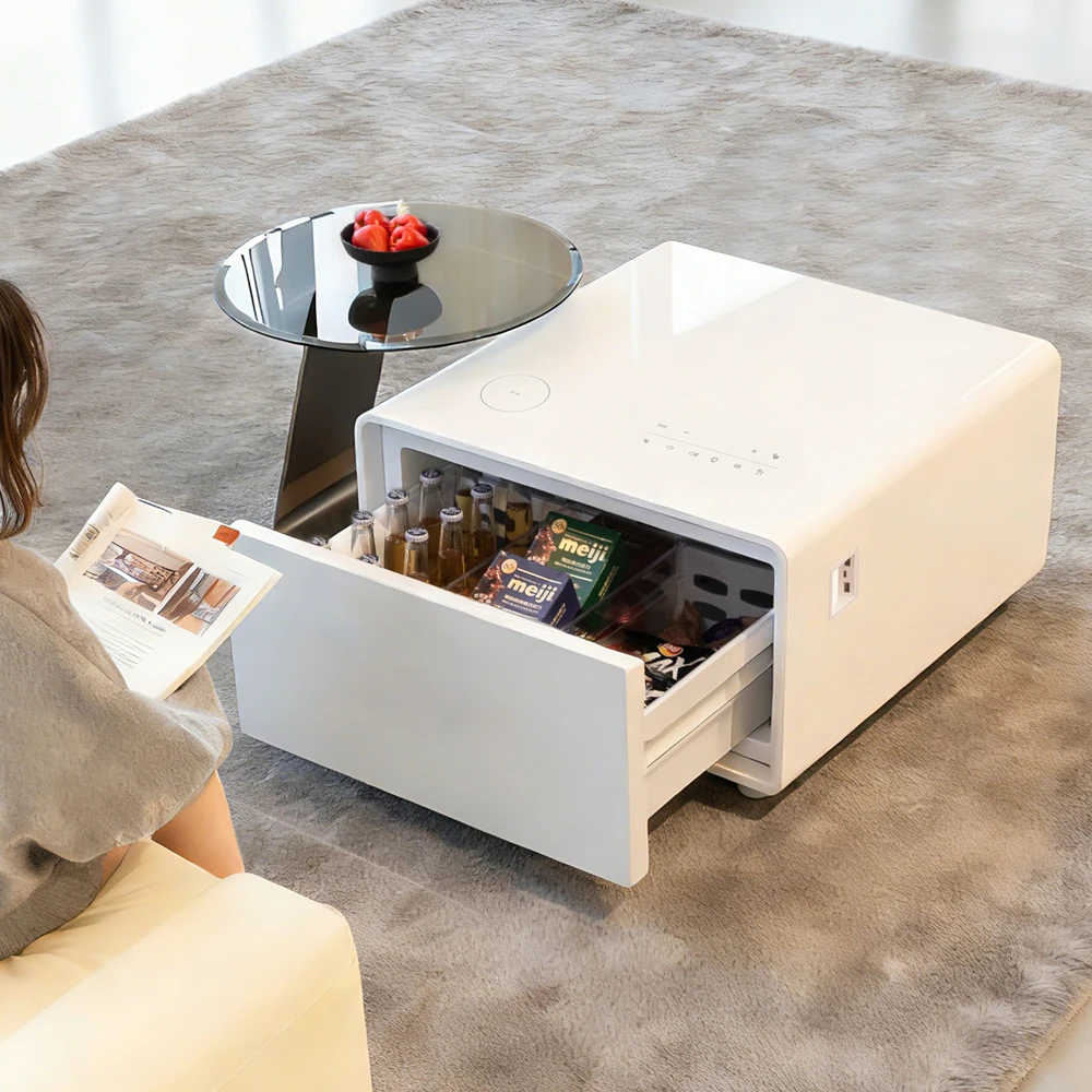 Side By Side Style Refrigerator Coffee Table, Smart Mini Fridge Furniture With Charging Ports