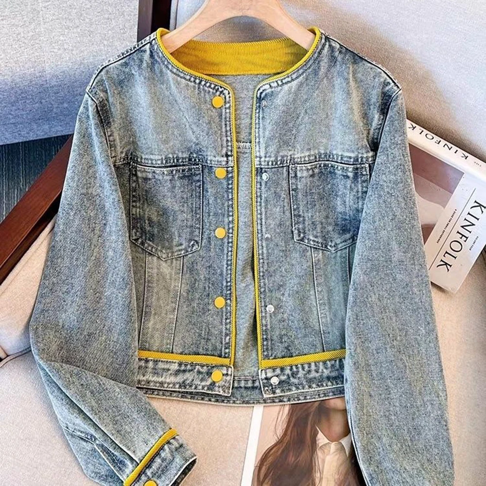 

Новая женская джинсовая куртка в стиле колор-блок, весенне-осенняя, синяя, укороченная, с круглым вырезом, на одной пуговице, короткий фасон, женское пальто