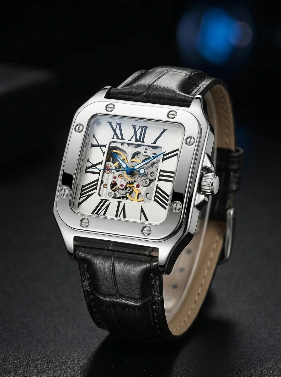 Men's Square Roman Numeral Hollowed Mechanical Watch with Retro Leather Strap - Fashion Trendy Wristwatch