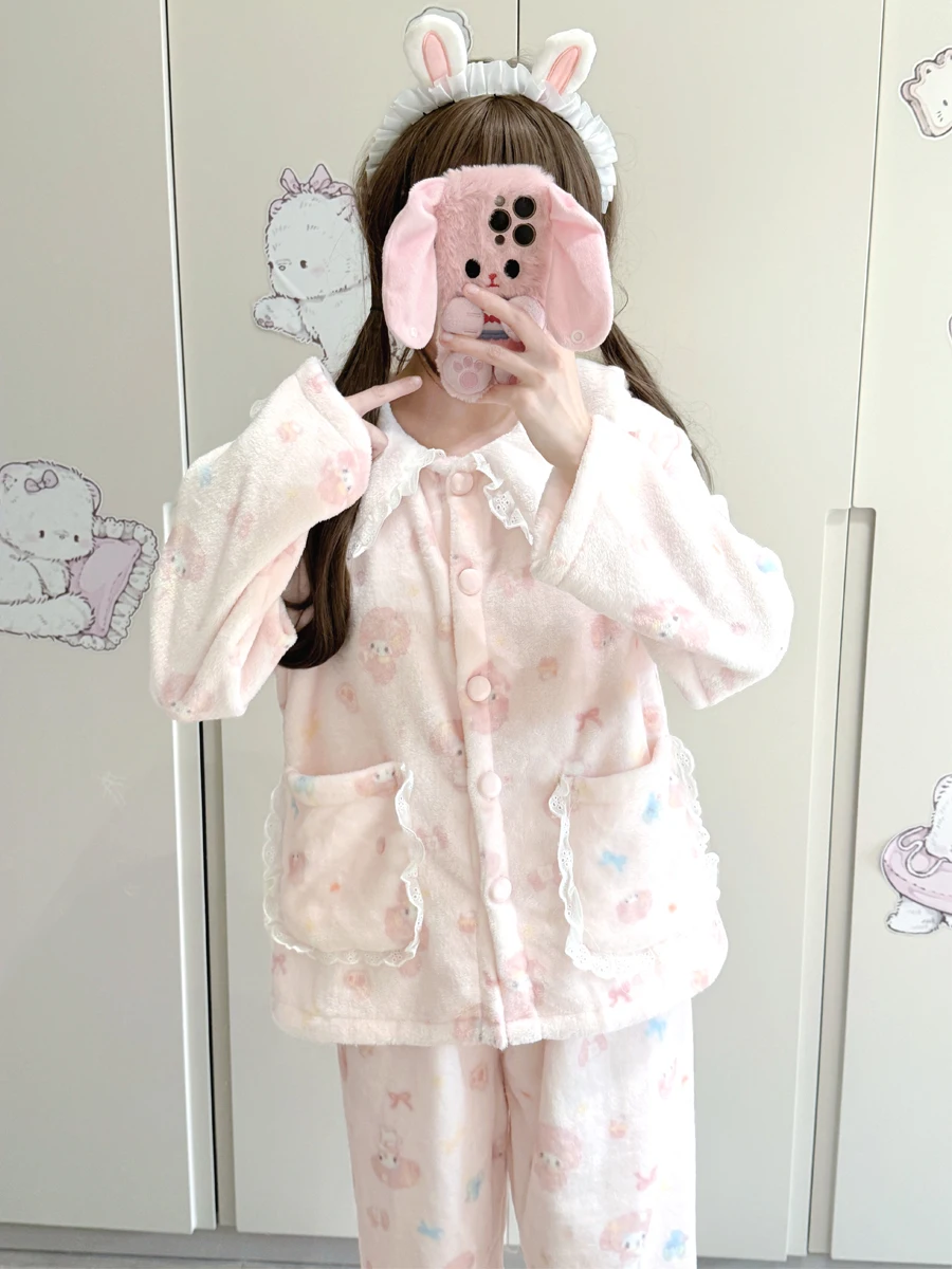Winter Flannel Plush Doll Collar Sleepwear Set Women's Style Home Clothes Soft Warm Long Sleeve Button up Comfortable Fit