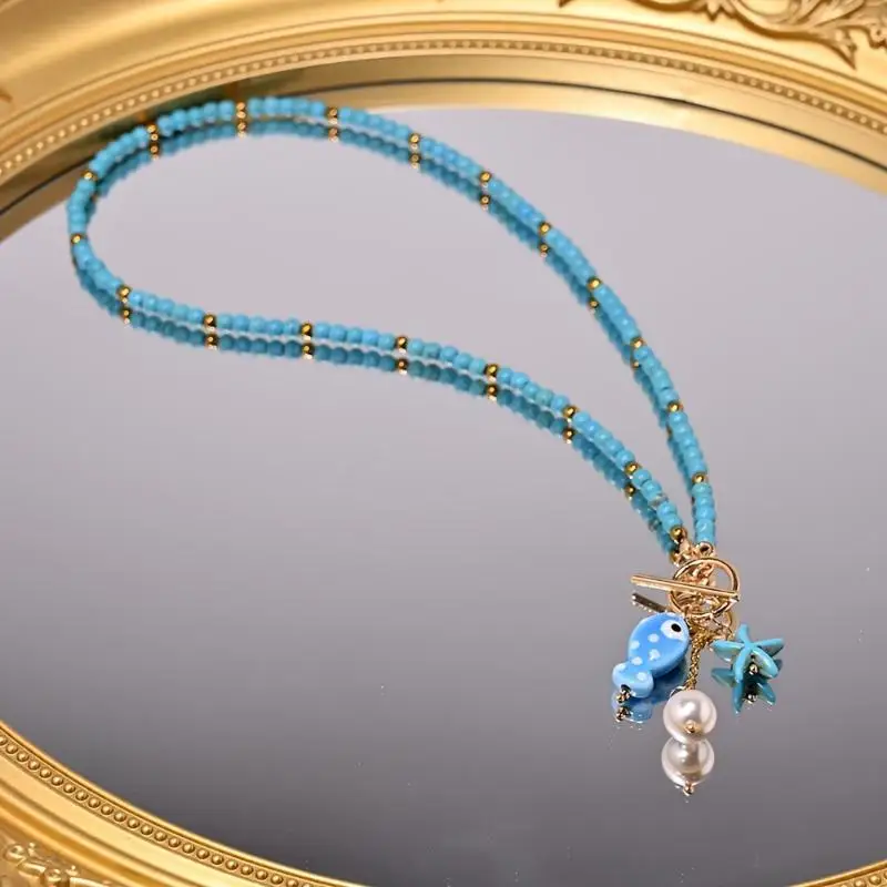 Böhmische, meeresinspirierte Keramik-Fisch-Seestern-Anhänger-Halskette, bunte Perlen, Keramikketten-Armband, Sommer-Ozean-Strand-Schmuck – Detail 9