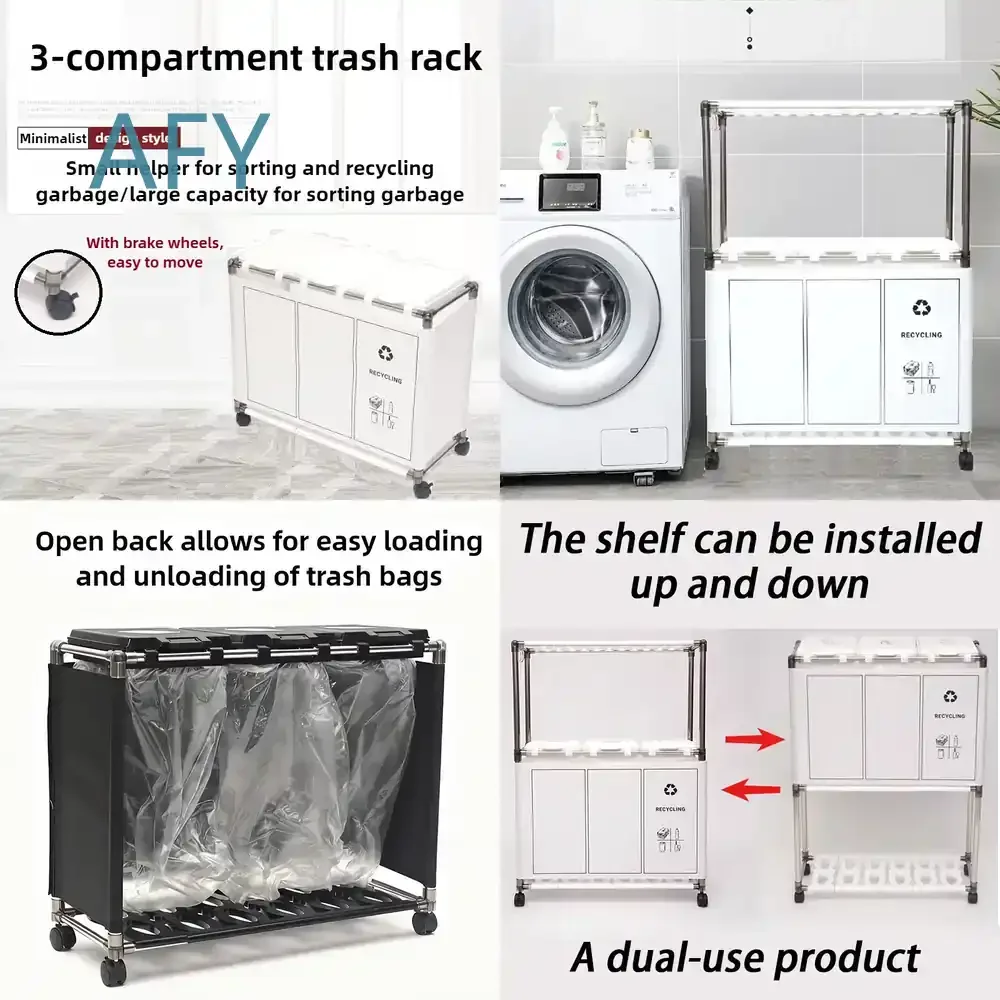 3 Compartment Sorting Garbage Rack for Kitchen Storage Waste Shelf with Wheels Mobile Large Capacity Trash Rack Lid Household