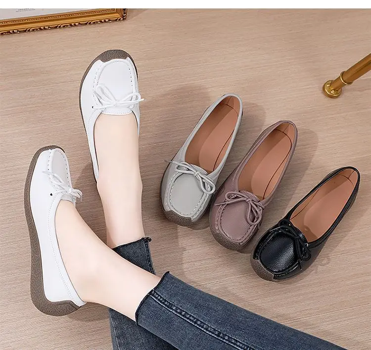 

Luxury Summer Mom Shoes Cow tendon sole Women's Flats Anti slip shallow mouth soft soled shoes Solid color lace up flat