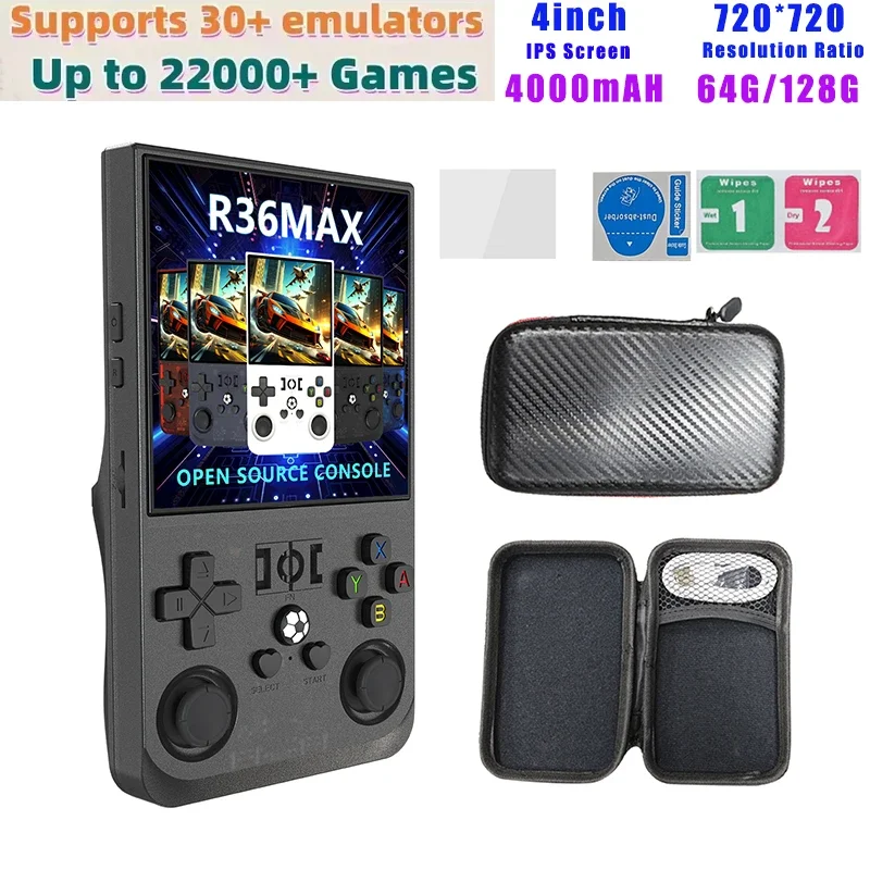 R36 Max Console Handheld Game Players 4inch IPS Screen Open Source Console Retro Pocket Video Player 64G/128G Up to 22000+ Games