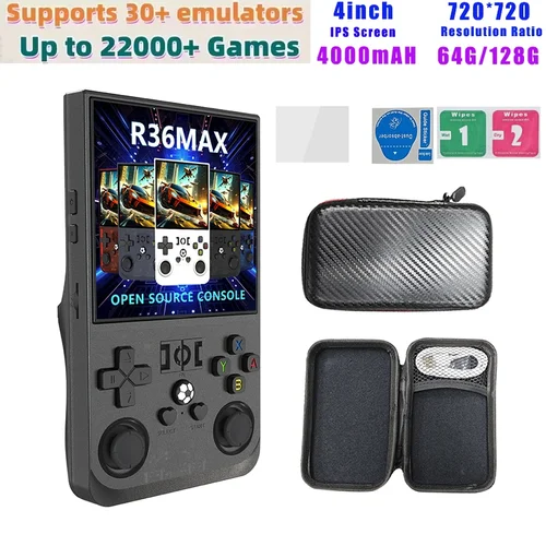 Consola R36 Max, reproductores de juegos portátiles, pantalla IPS de 4 pulgadas, consola de código abierto, reproductor de vídeo de bolsillo Retro, 64G/128G, más de hasta 22000 juegos