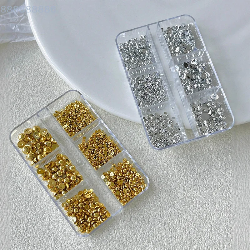 Metalowe nity ozdobne do manicure, 6 przegródek, 3D złote srebrne półokrągłe kulki, ozdoby do paznokci.