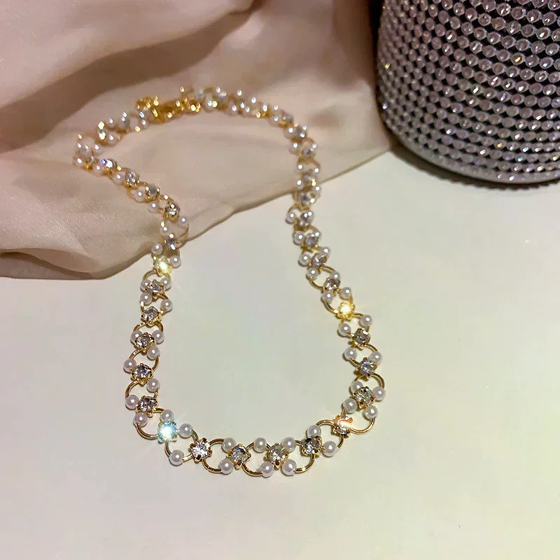 Korea Fashion Simple Personality Necklace Inlaid Rhinestone Pearl Necklace Choker Necklace Women's Party Jewelry Exquisite Gifts
