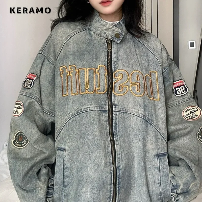 American Retro Style Baggy Casual Blue Fashion Denim Jacket 2024 Autumn Women's Appliques Zipper Street Y2K Vintage Loose Coat