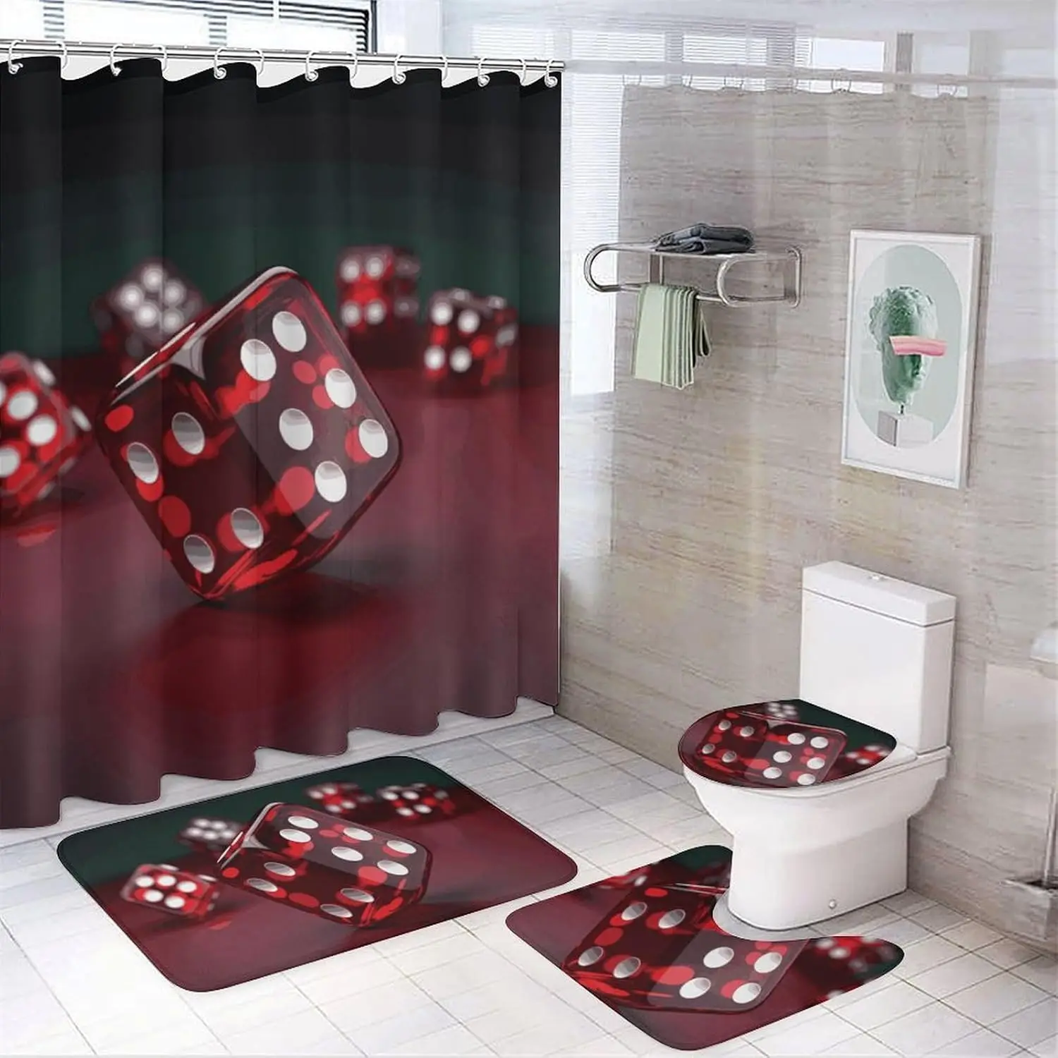 

Набор штор для душа Red Dice из 4 предметов с нескользящими ковриками, крышкой унитаза и ковриком для ванной Мягкий ковер для ванной Водонепроницаемый коврик для ванной комнаты