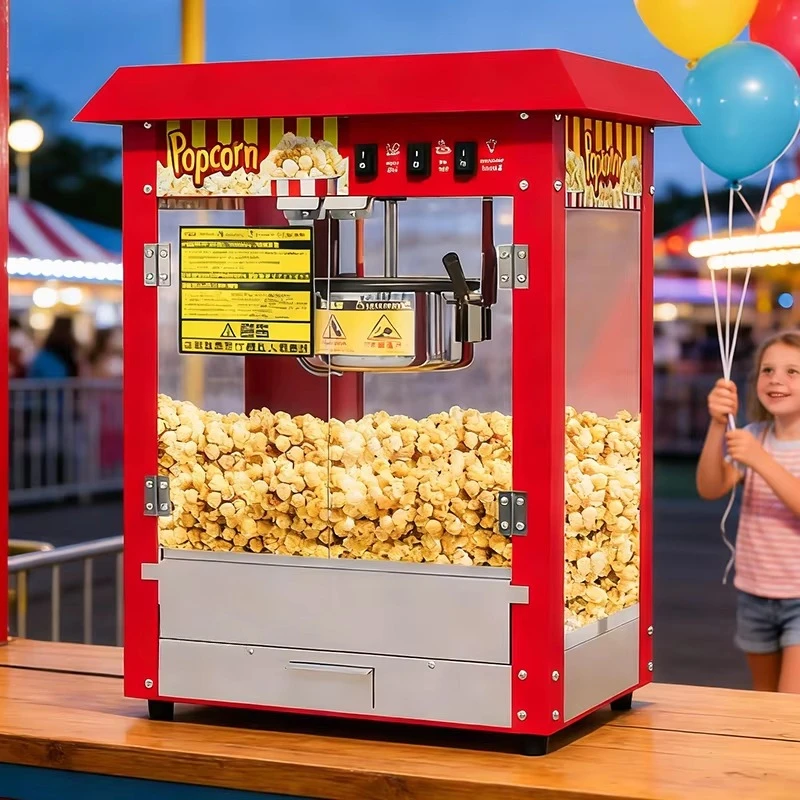 Professional large capacity 110V/220V red top popcorn machine, suitable for food street.