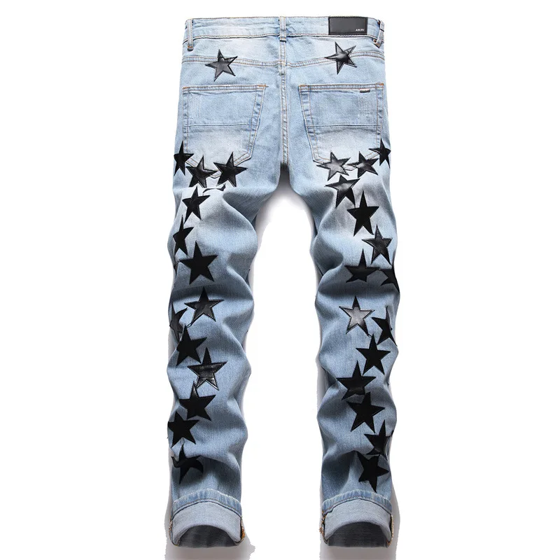 Men's high street new ripped stars patch jeans man fashion slim feet full of stars stretch jeans male trend w873