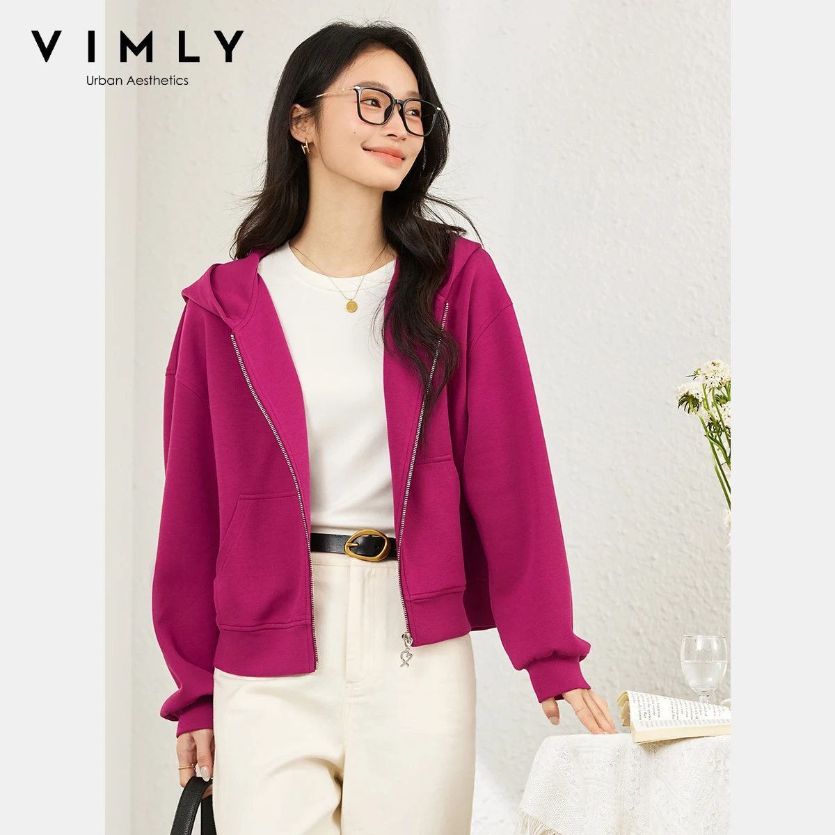 VIMLY Hooded Jacket Woman Sporty Long Sleeve Loose Coats Women's Autumn 2025 Zipper Long Sleeve Embroidered Female Jacket A2056