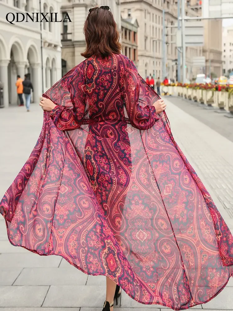 Vestido largo playero para mujer, con protección solar Blusa de gasa, trajes de verano, 2024