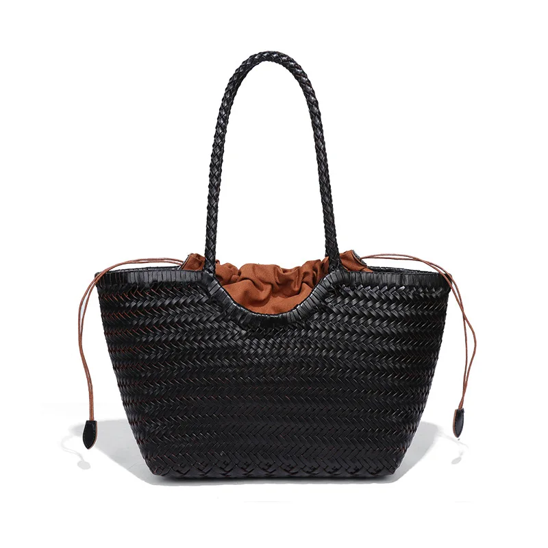 

Genuine Leather Hand-woven Vintage Tote Bag New Classic Design Cowhide Shoulder Bag Women's Spring Summer French Bucket Bag 2025
