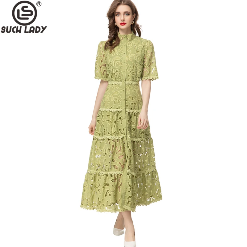 

Women's Runway Dresses Stand Collar Short Sleeves Embroidery Hollow Out High Street Elegant Designer Mid Vestidos