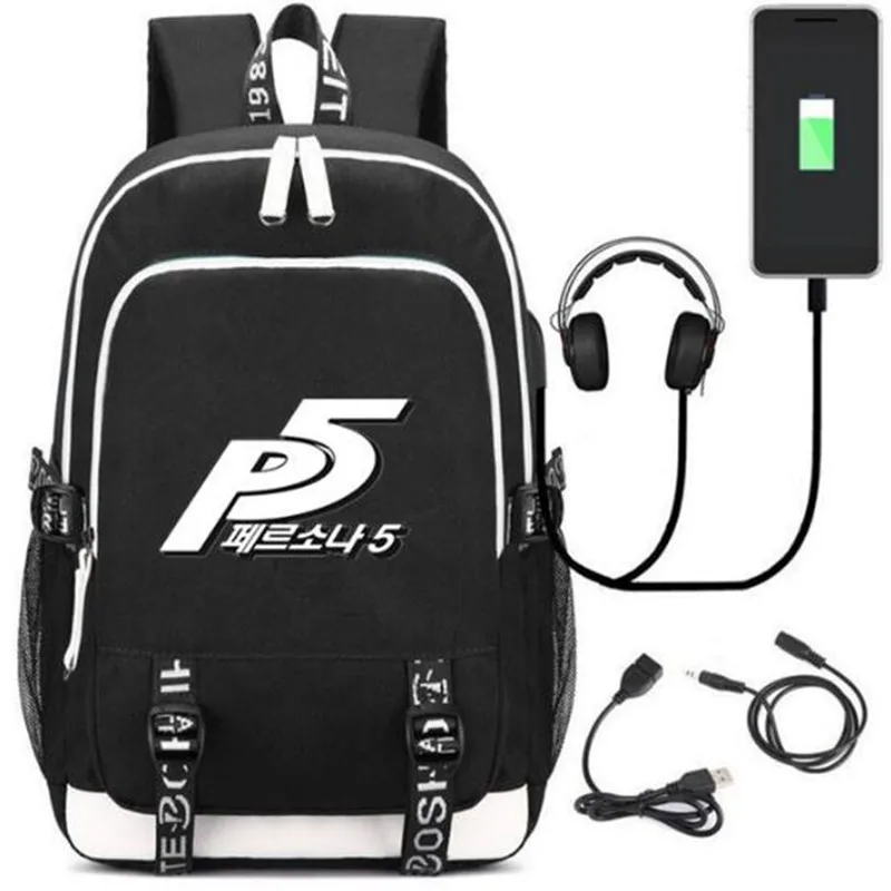 Persona 5 Shin Megami Tense Bag w/USB Fashion Port and Headphone Backpack Bag Casual Travel School Bag Teenager Laptop Bag Gift