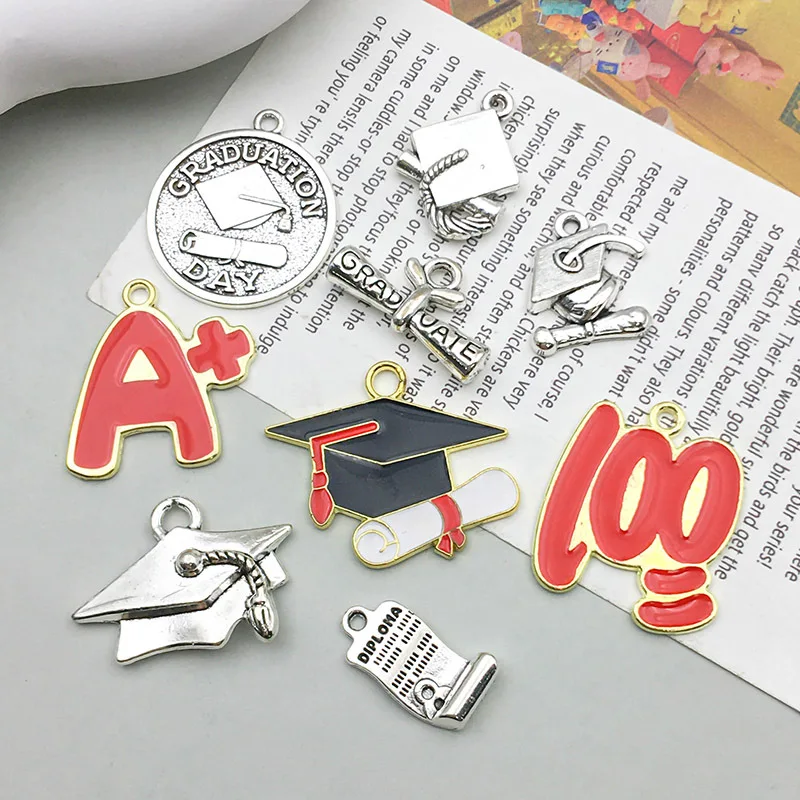 10pcs/Set Alloy Enamel Student Graduation Hat Pendant Charms For Jewelry Making Findings Crafting Accessory DIY