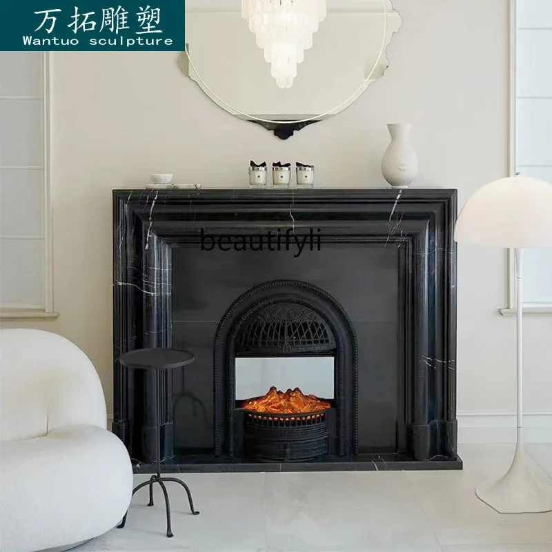 

Marble fireplace black and white root stone carving French American living room decorative fireplace B06
