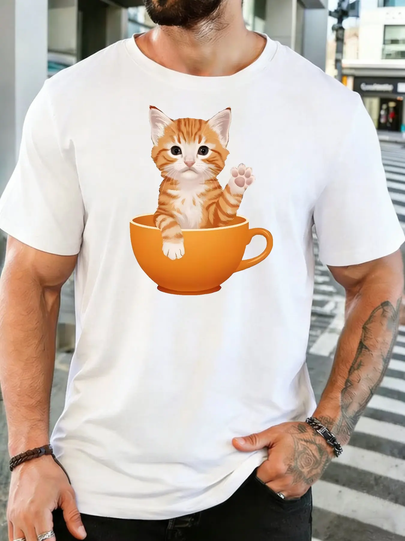 Trendy Mens Cotton Tshirt Adorable Little Ginger Cat Inside Orange Mug Graphic Short Sleeve Crew Neck Loose Pet Travel Wear