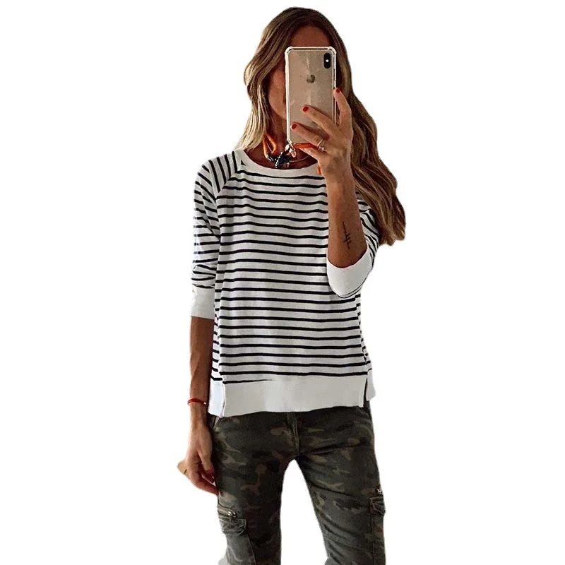 25 Years Autumn Winter New Striped Print Loose Comfortable Long Sleeve T-Shirt 9013