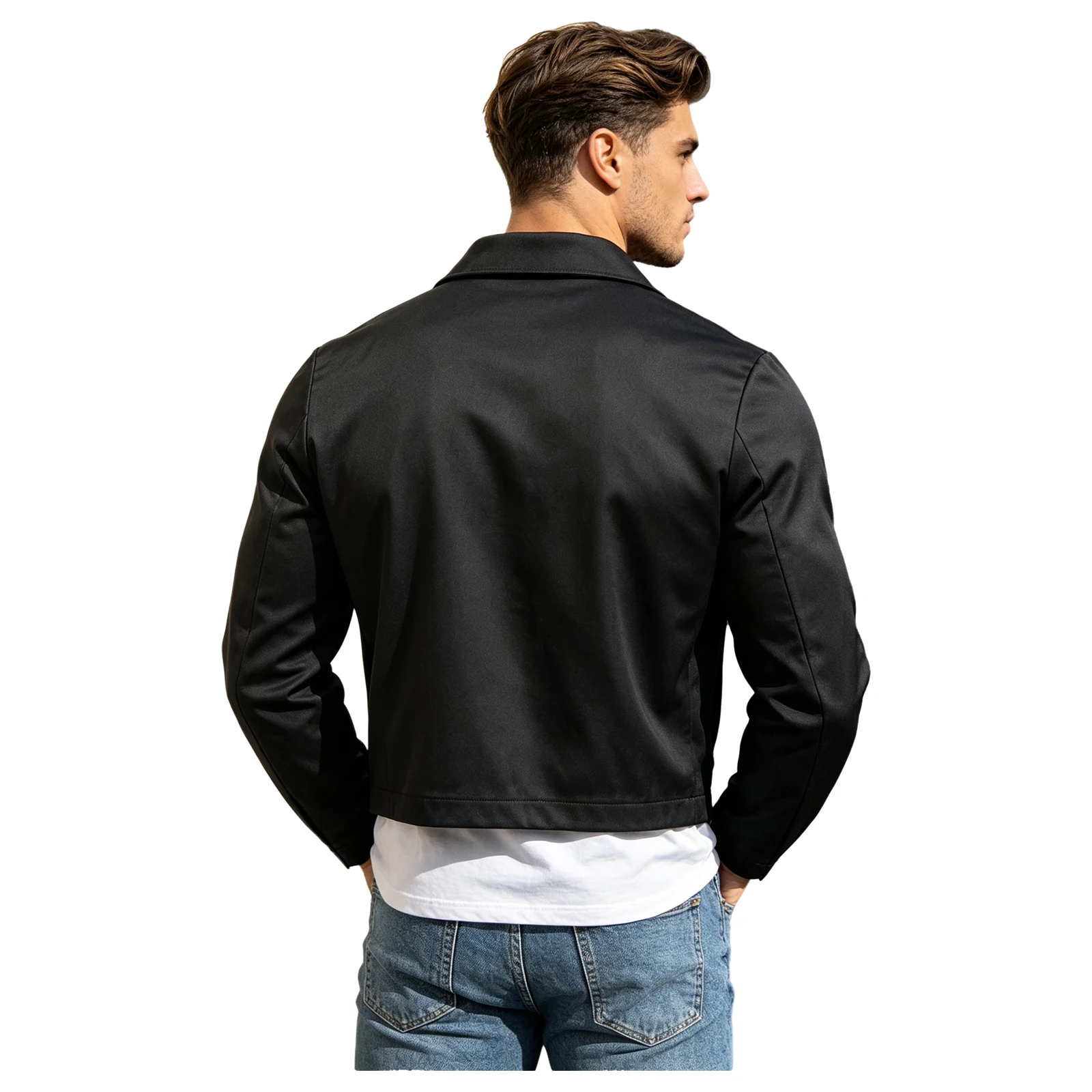 Men Fashion Casual Two-way Zipper Crop Jacket Top Long Sleeve Lapel Coat Outerwear for Daily Wear Motorcycle Riding Club Rock