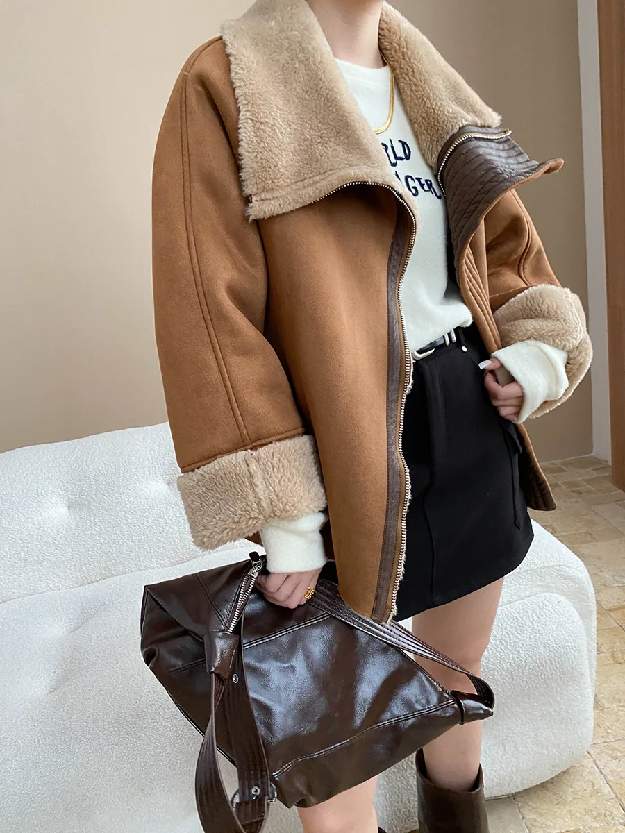 Veste ample et chaude pour femmes, couleur unie, style moto rétro, fausse fourrure, une pièce, revers